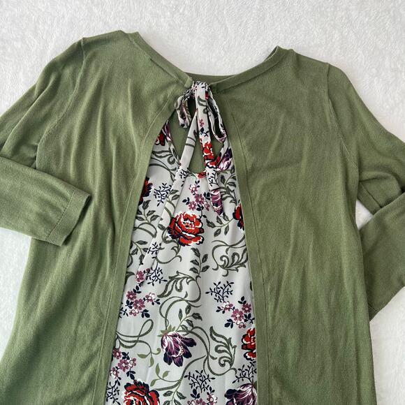 Loft Outlet Green 3/4 Sleeve Blouse with Floral Panel and Tie in Back Size XSP - Picture 4 of 8